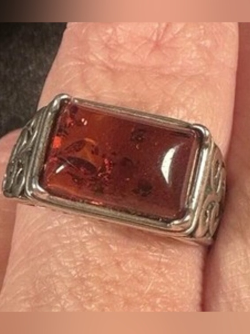 Vintage sterling silver ring, size 9, deep Amber cabochon, Ornate Setting